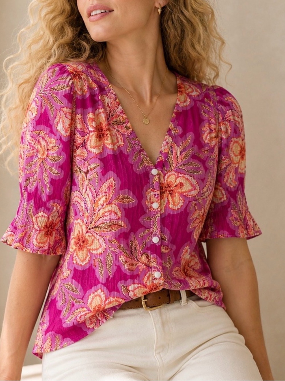 LOFT Magenta Floral V-Neck Button Blouse